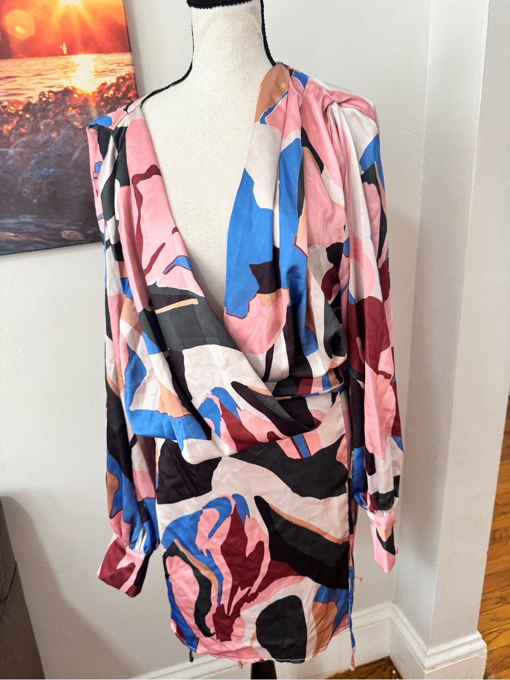ASOS Design abstract multi-color satin wrap mini dress - Size US 10 / UK 14